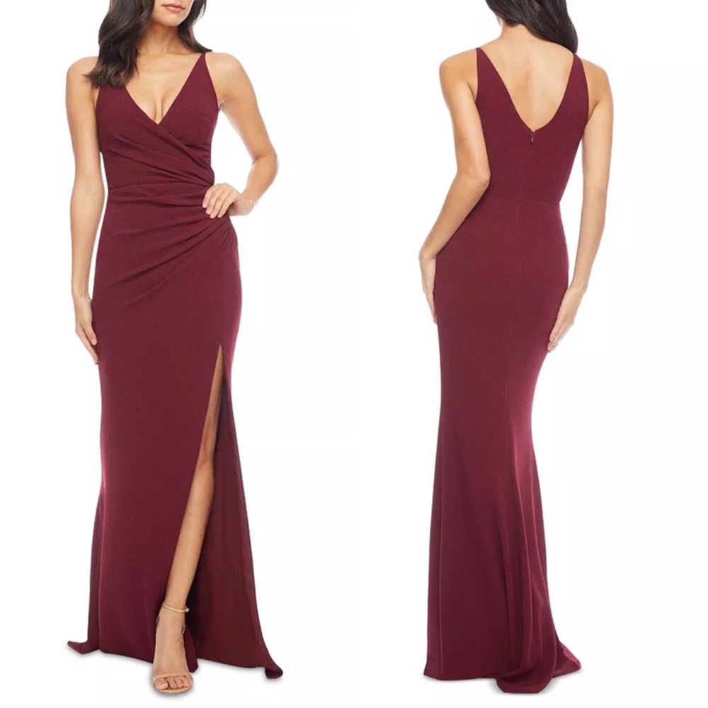 NEW DRESS THE POPULATION Sleeveless BURGUNDY Jordan RUCHED Side Slit GOWN L